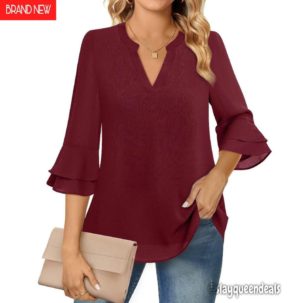 Double Layer Chiffon Tunic With Bell Sleeves, Professional Casual Top
